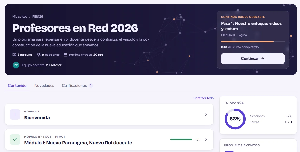 Vista de un curso del campus AYNI: Profesores en Red 2026