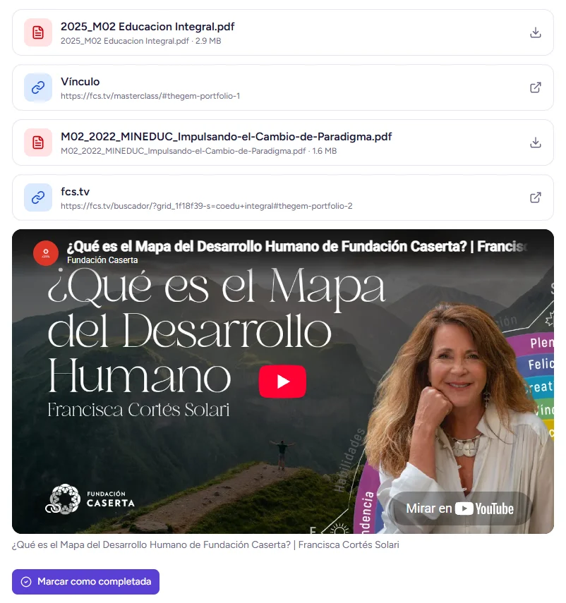 Sección de un módulo con documentos PDF, enlaces y video sobre el Mapa del Desarrollo Humano