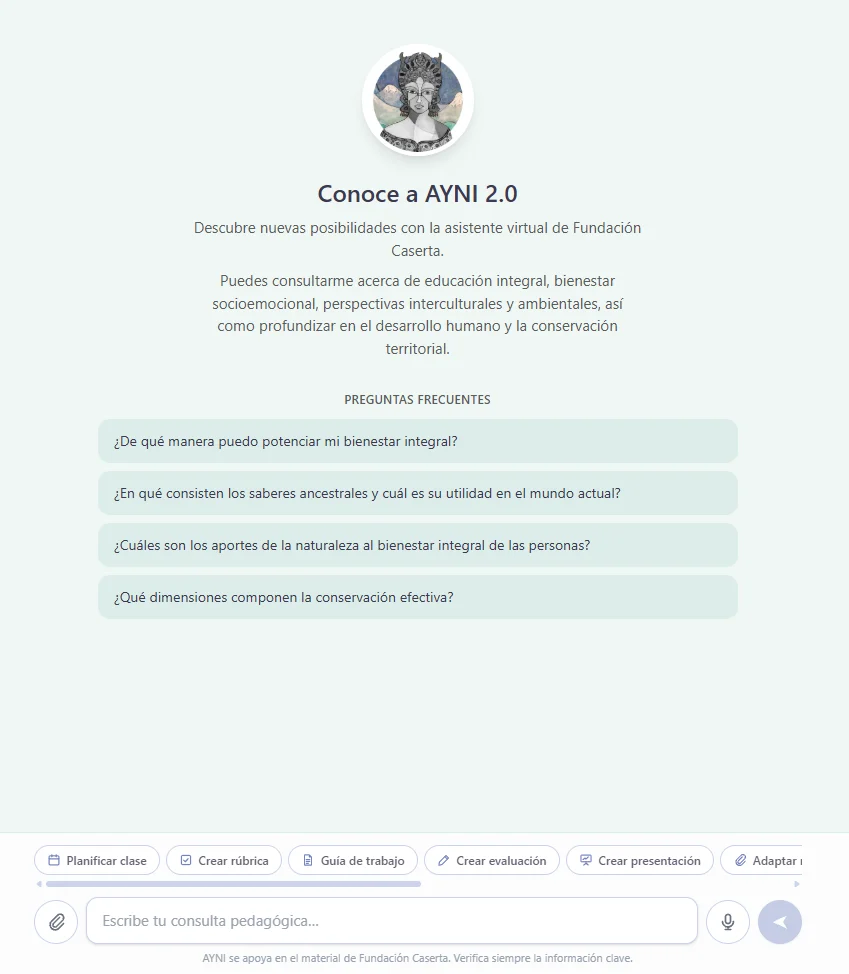 Pantalla de bienvenida del asistente AYNI 2.0 con preguntas frecuentes