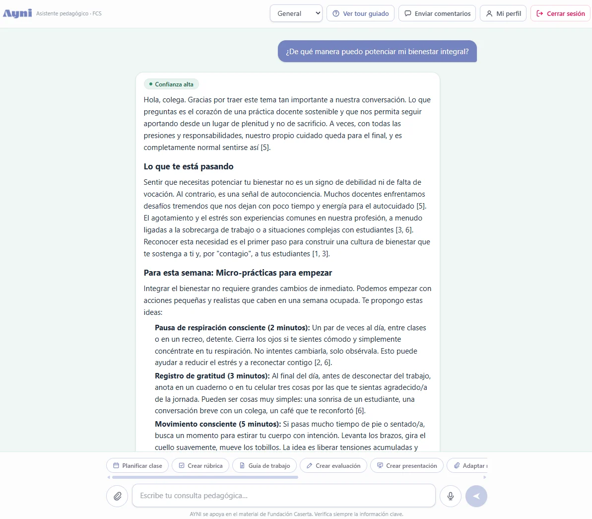 AYNI respondiendo sobre bienestar integral con nivel de confianza alto y fuentes citadas